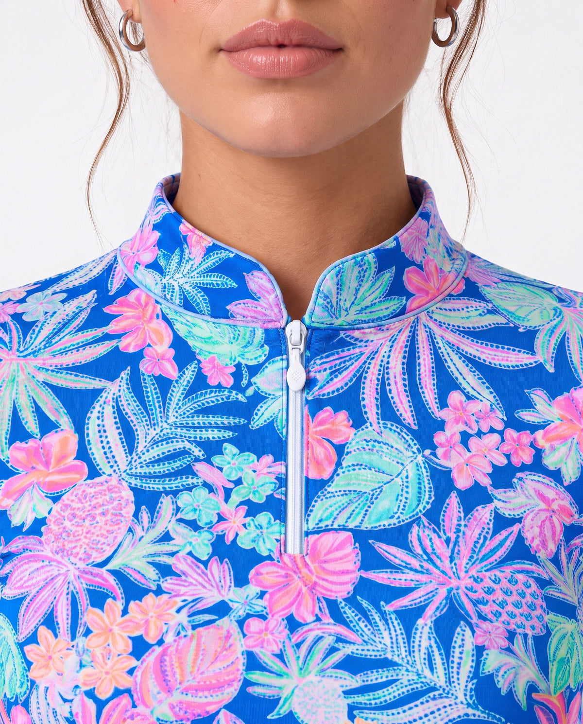 Tropical Basket Long Sleeve Zip Mock Top 86Z60