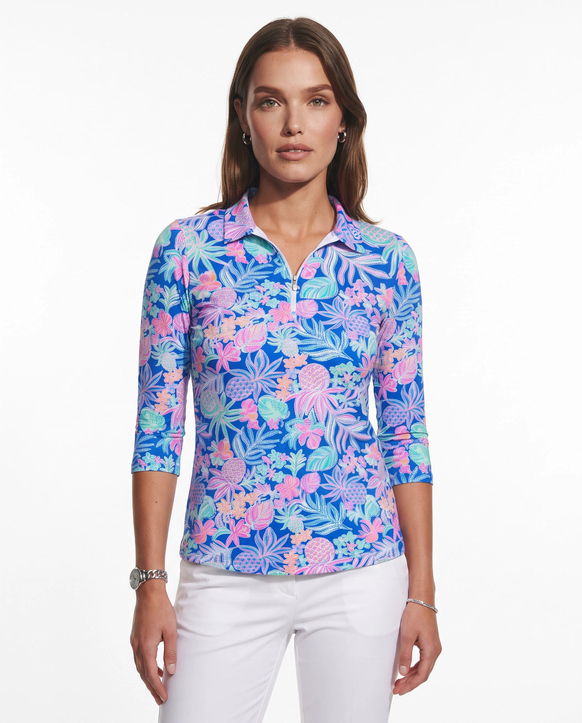 Tropical Basket 3/4 Sleeve Polo Top 48Z60