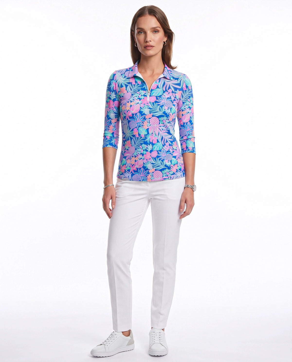 Tropical Basket 3/4 Sleeve Polo Top 48Z60