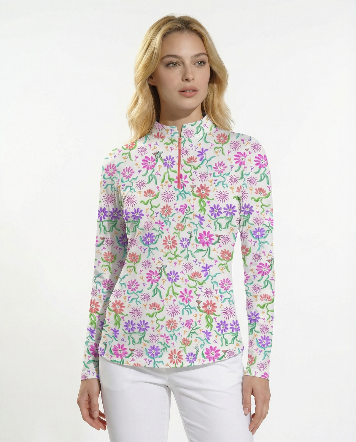 Daisy cocktail party Long Sleeve Zip Mock Top 86z55