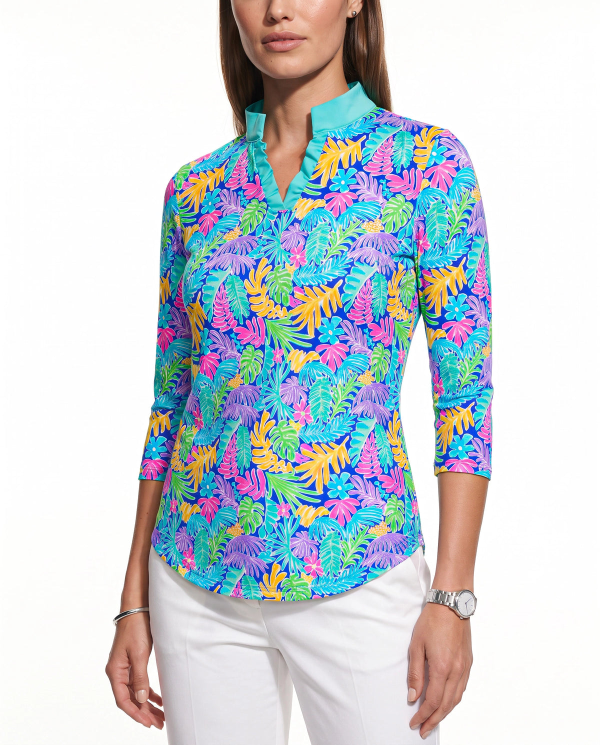 Deep Forest 3/4 Sleeve Ruffle Placket Mock Top T99Z44
