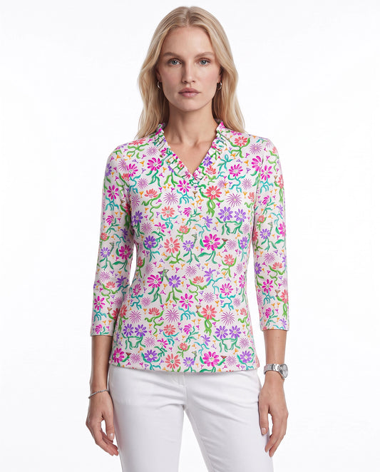 Daisy cocktail party 3/4 Sleeve Ruffle Portrait Neck Top 76Z55