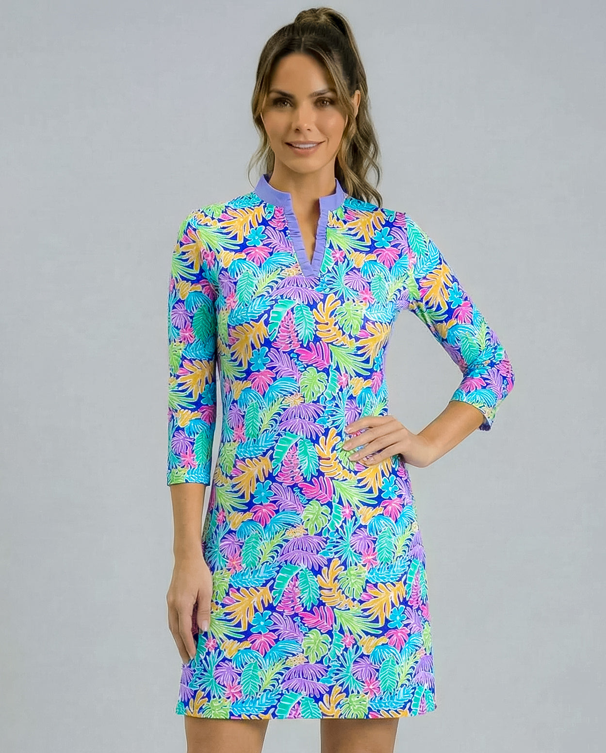 Deep Forest 3/4 Sleeve Ruffle Placket Mock Neck Dress