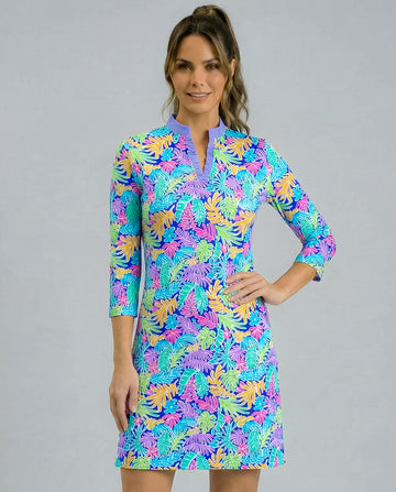 Deep Forest 3/4 Sleeve Ruffle Placket Mock Neck Dress