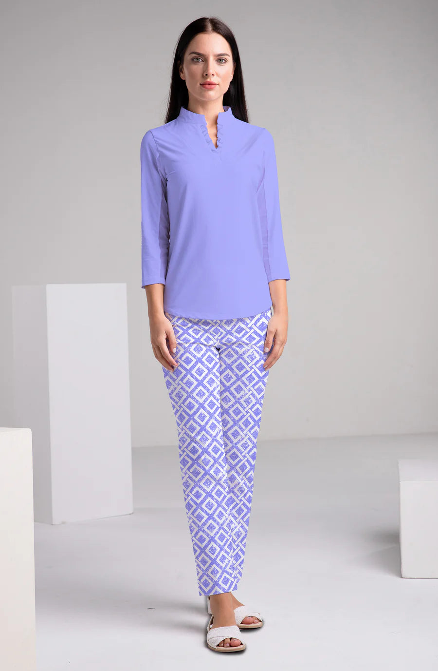 Solid 3/4 Sleeve Ruffle Placket Mock Top 9900