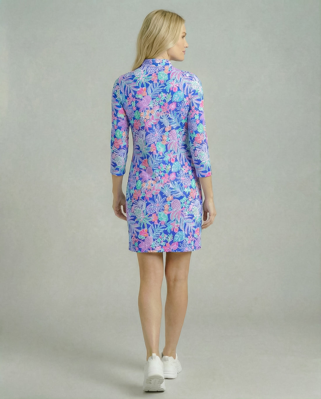 Tropical Basket 3/4 Slit Sleeves Portrait Neckline & Mock Zip Collar Dress 50Z60