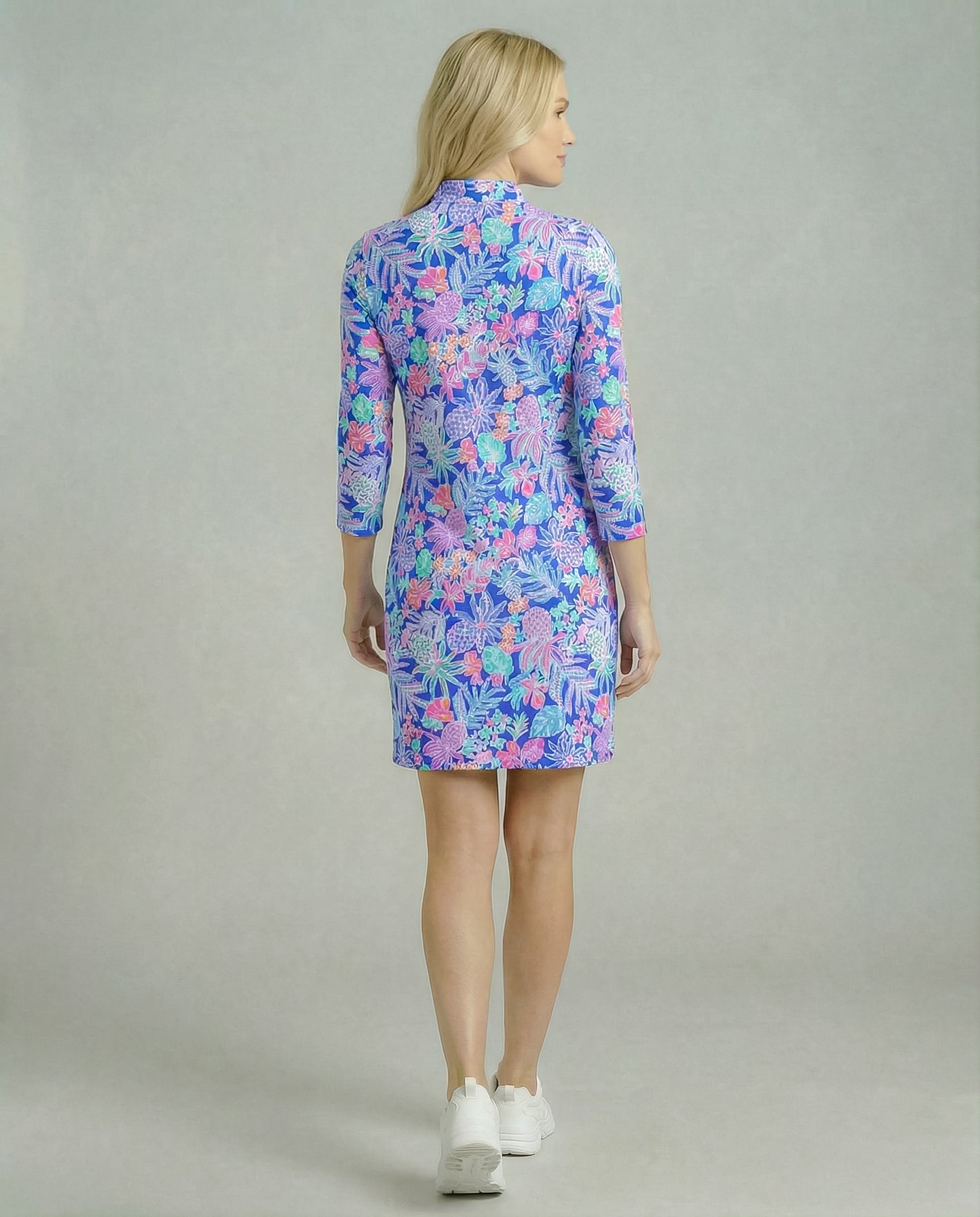 Tropical Basket 3/4 Slit Sleeves Portrait Neckline & Mock Zip Collar Dress 50Z60