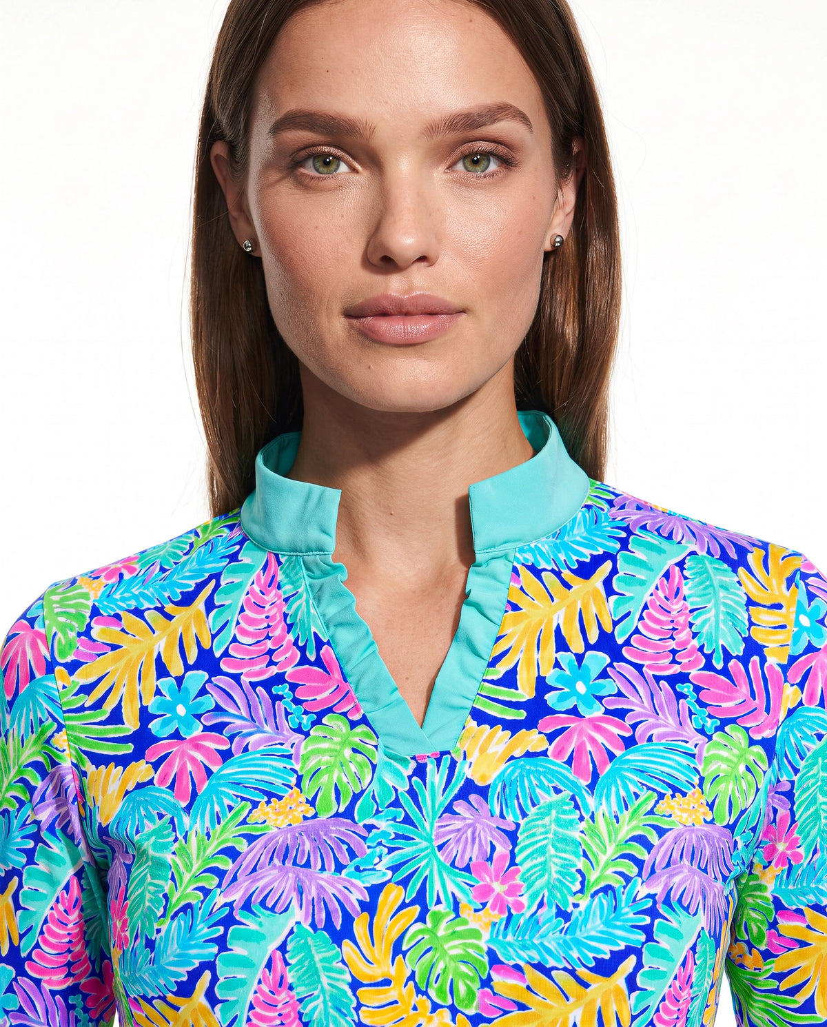 Deep Forest 3/4 Sleeve Ruffle Placket Mock Top T99Z44