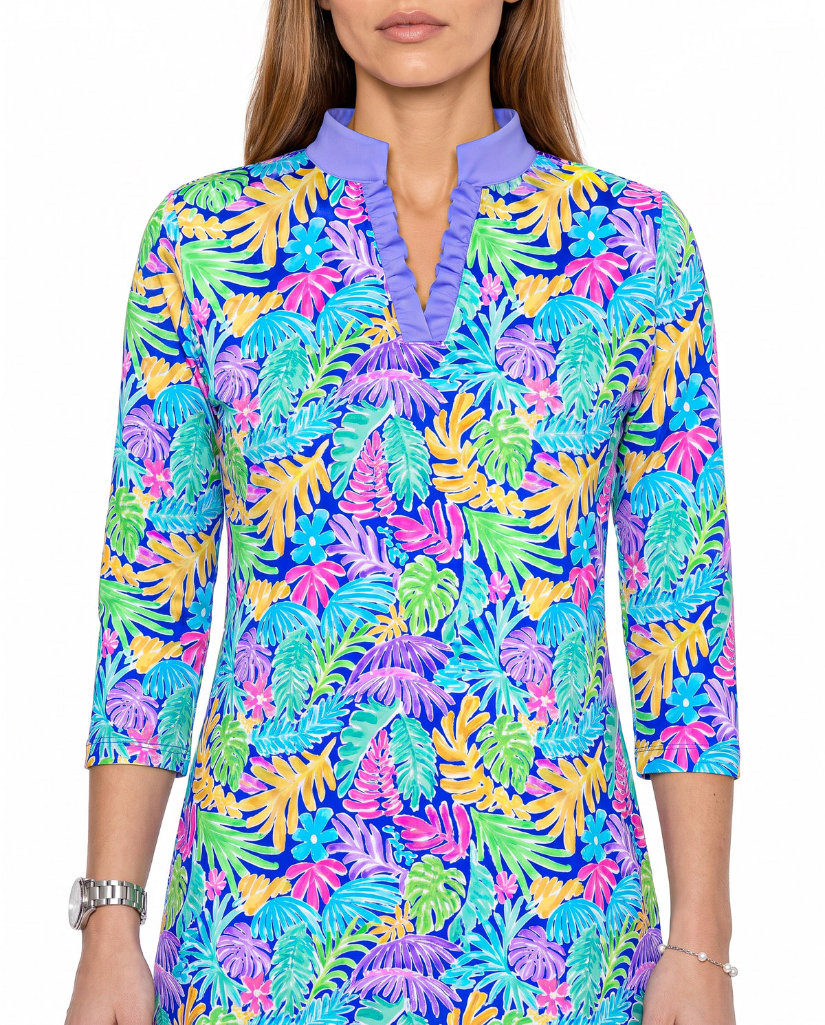 Deep Forest 3/4 Sleeve Ruffle Placket Mock Neck Dress