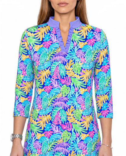 Deep Forest 3/4 Sleeve Ruffle Placket Mock Neck Dress