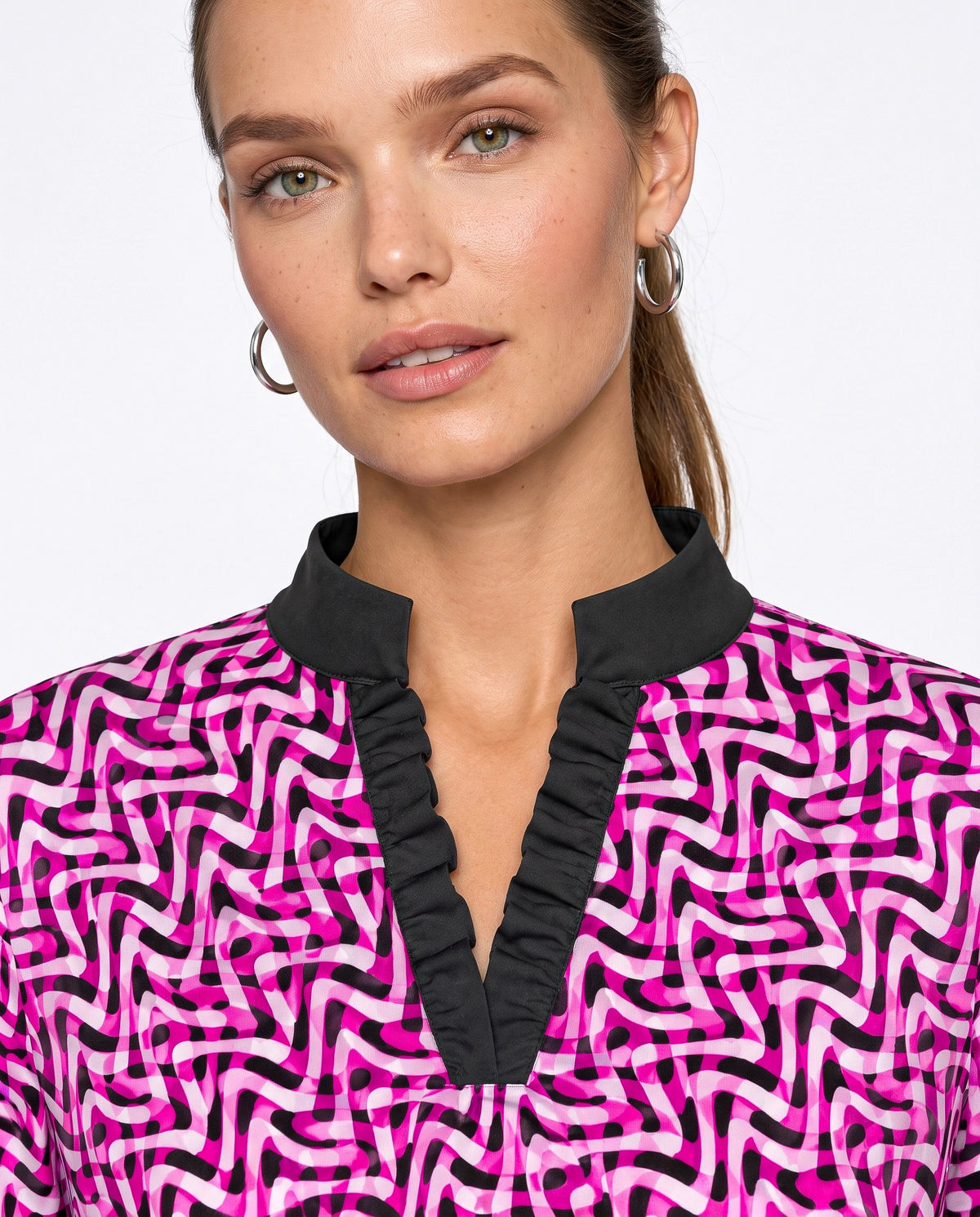 Velocity 3/4 Sleeve Ruffle Placket Mock Neck Dress