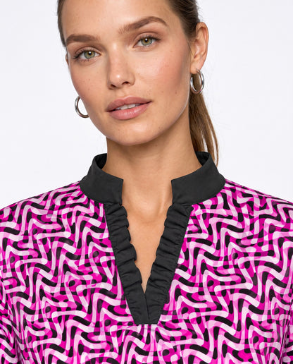 Velocity 3/4 Sleeve Ruffle Placket Mock Neck Dress