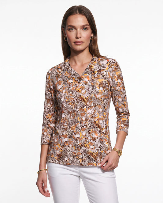 Wild side 3/4 Sleeve Ruffle Portrait Neck Top 76Z48