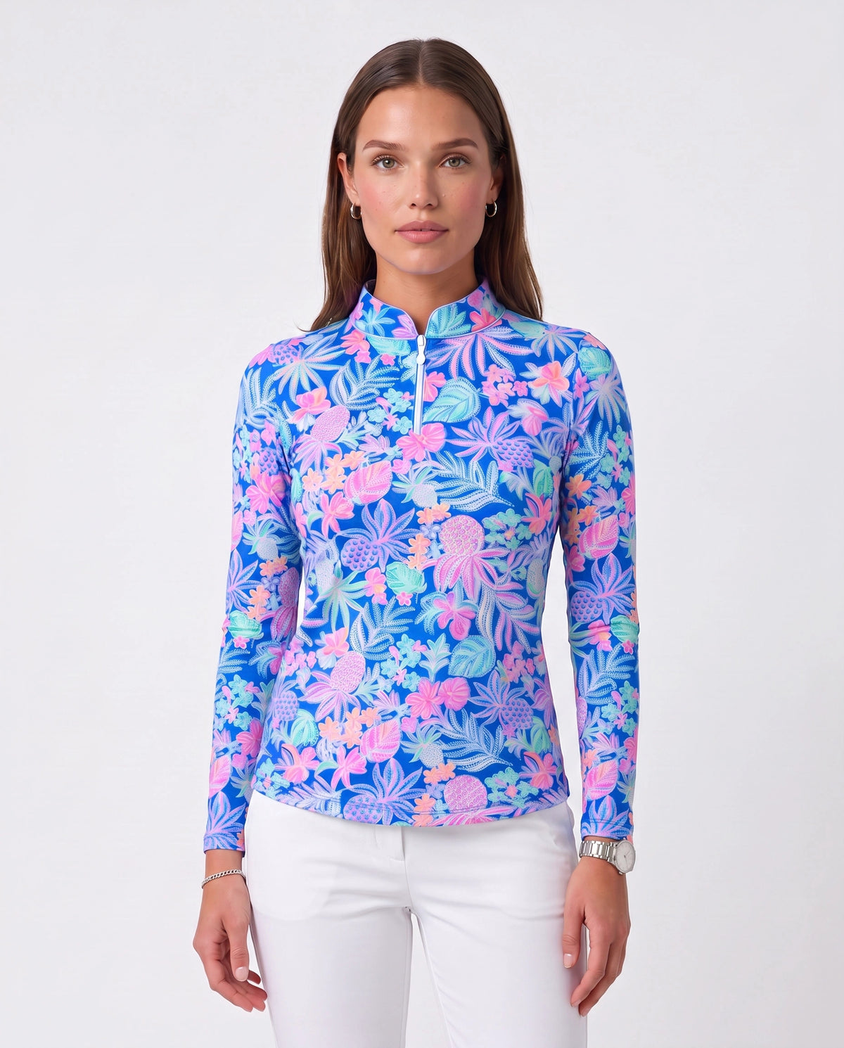 Tropical Basket Long Sleeve Zip Mock Top 86Z60
