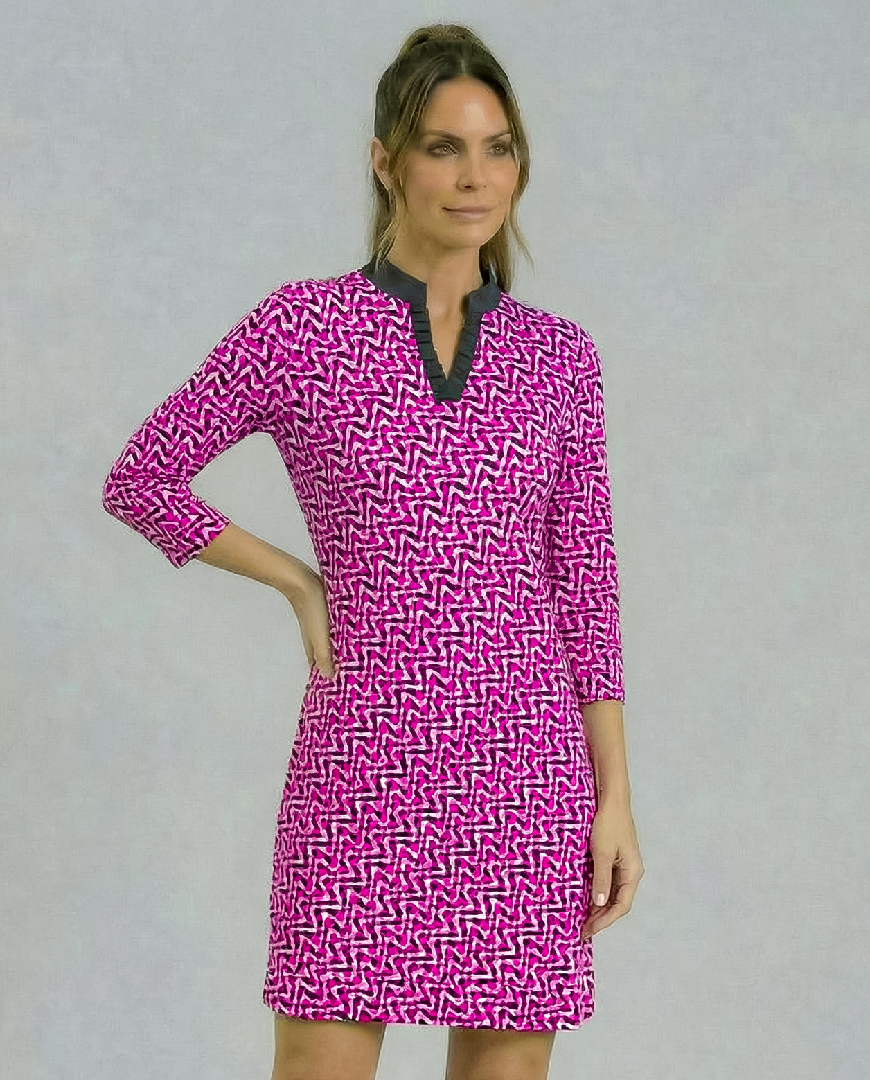 Velocity 3/4 Sleeve Ruffle Placket Mock Neck Dress