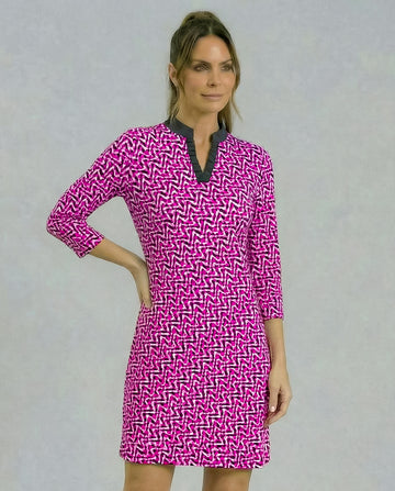 Velocity 3/4 Sleeve Ruffle Placket Mock Neck Dress