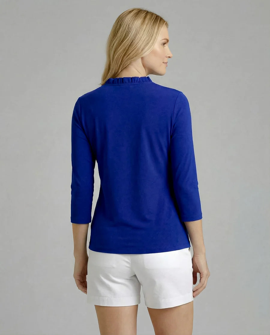 Solid 3/4 Sleeve Ruffle Portrait Neck Top 7600