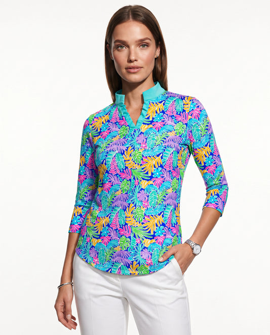 Deep Forest 3/4 Sleeve Ruffle Placket Mock Top T99Z44
