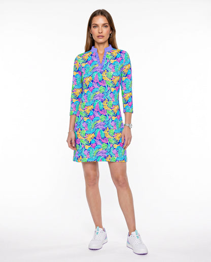 Deep Forest 3/4 Sleeve Ruffle Placket Mock Neck Dress