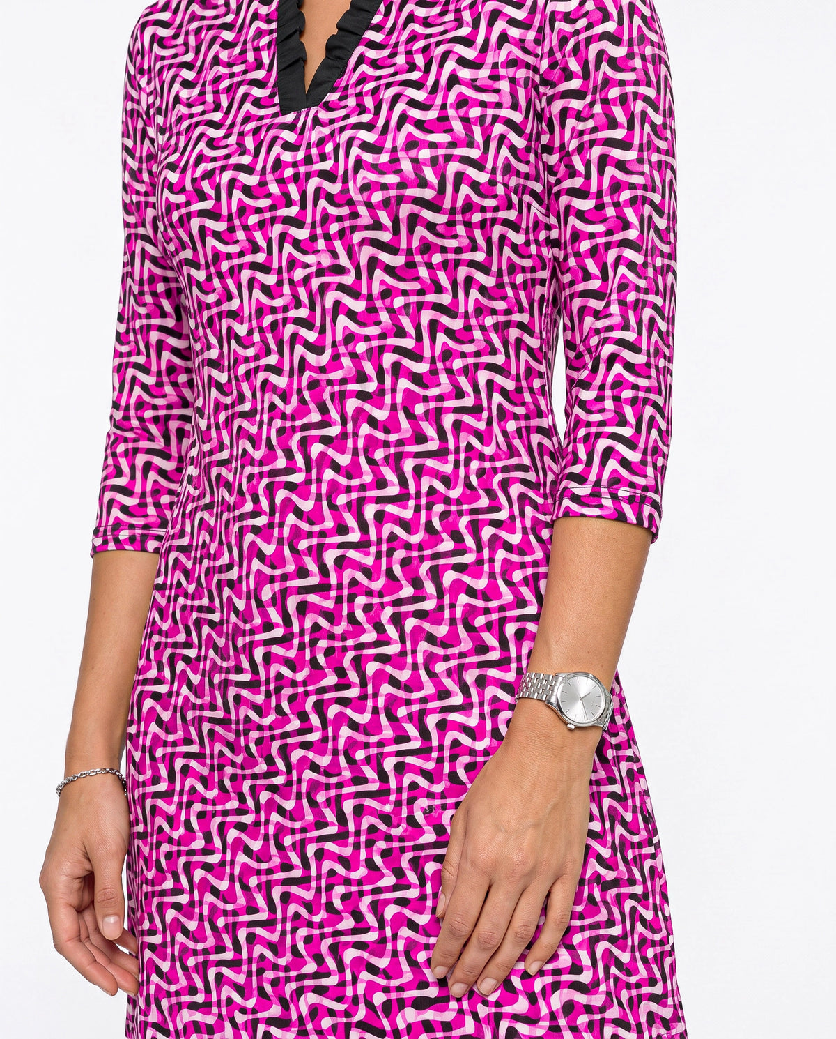 Velocity 3/4 Sleeve Ruffle Placket Mock Neck Dress