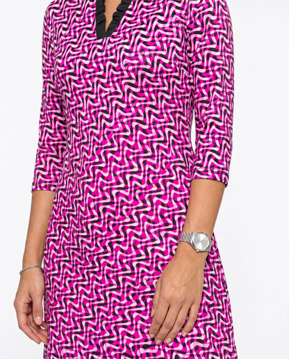 Velocity 3/4 Sleeve Ruffle Placket Mock Neck Dress