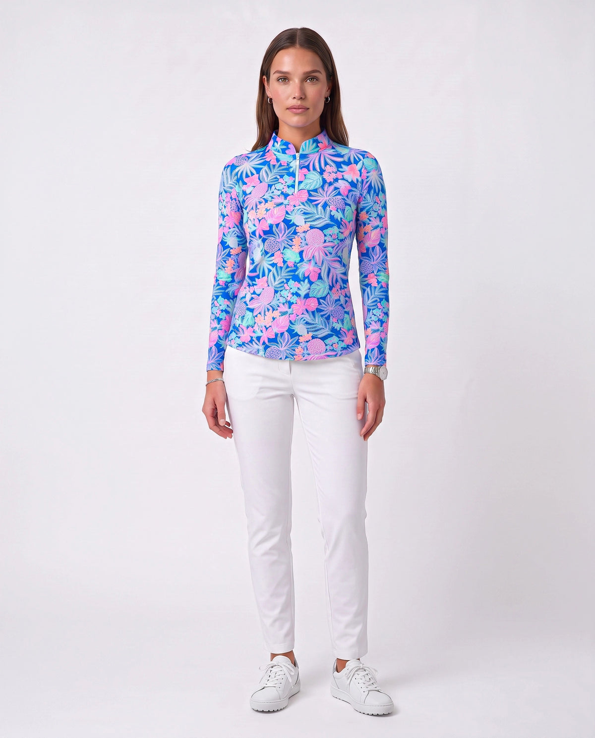 Tropical Basket Long Sleeve Zip Mock Top 86Z60