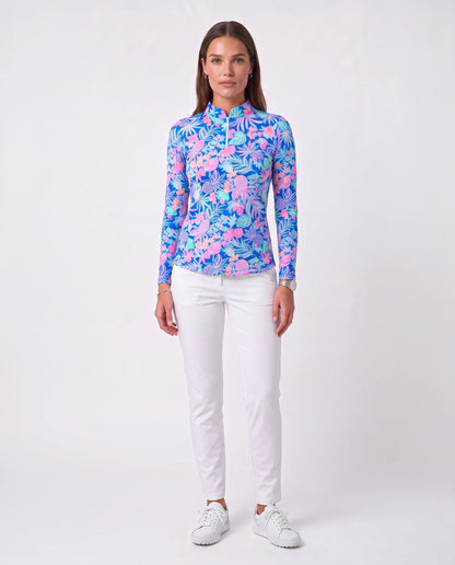 Tropical Basket Long Sleeve Zip Mock Top 86Z60