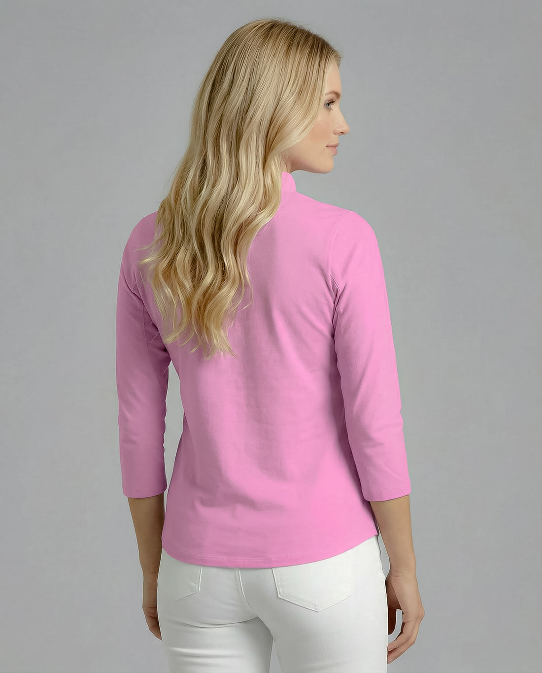 Solid 3/4 Sleeve Ruffle Placket Mock Top 9900