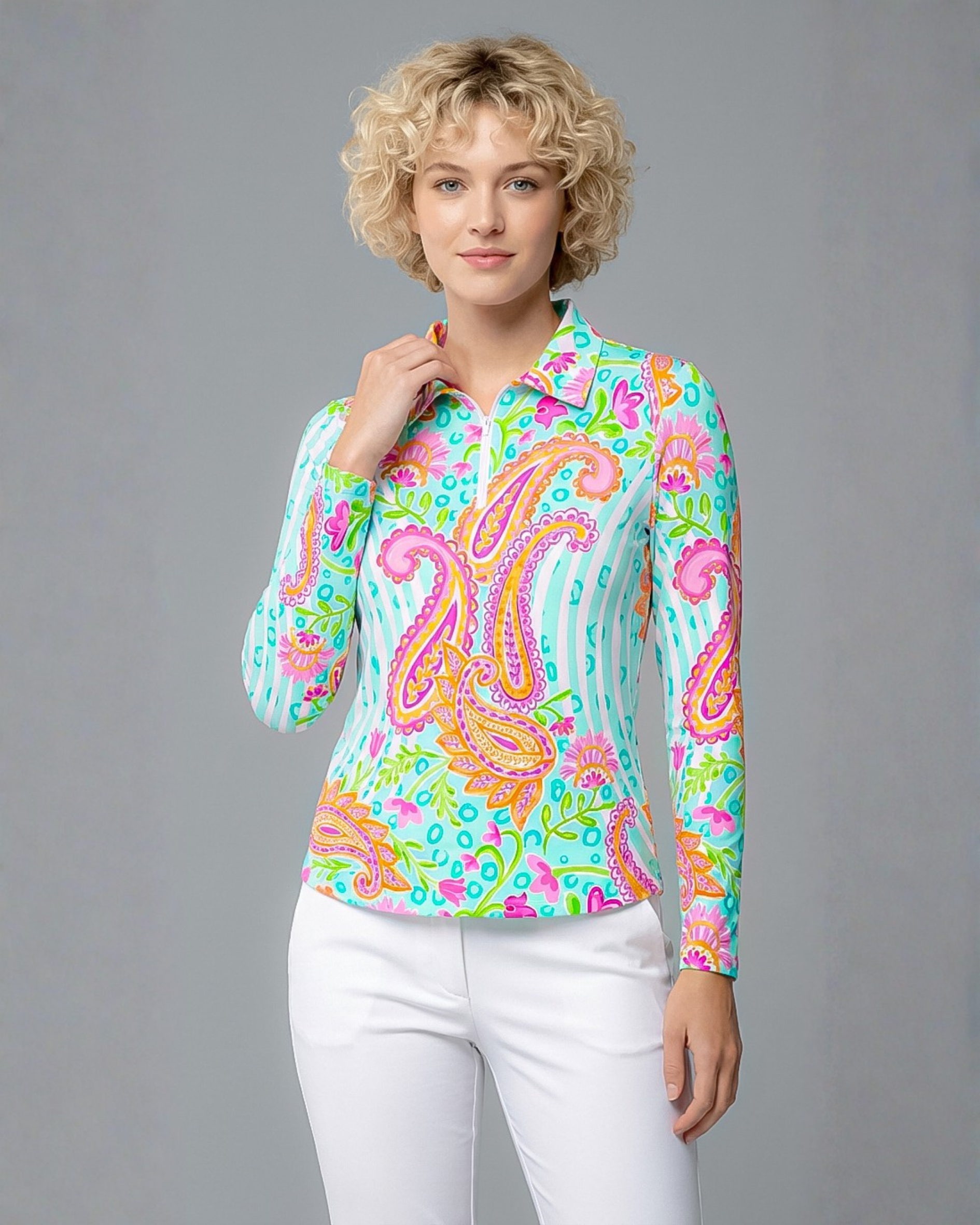 Sweet Caroline Long Sleeve Polo Top 84Z18