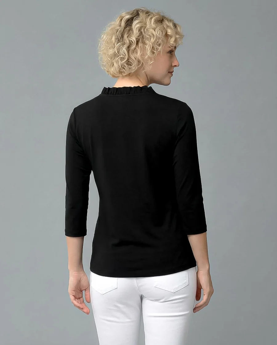 Solid 3/4 Sleeve Ruffle Portrait Neck Top 7600