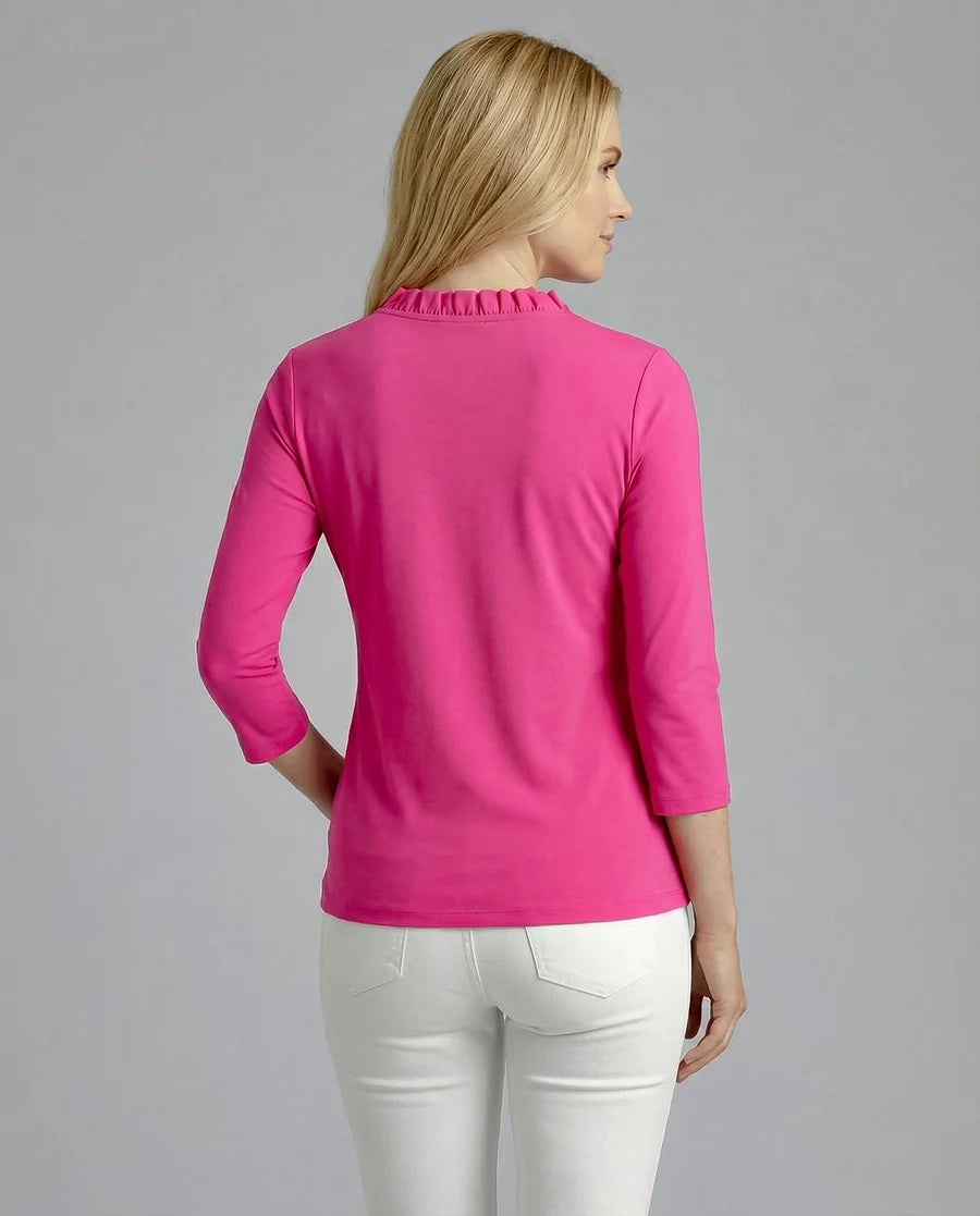 Solid 3/4 Sleeve Ruffle Portrait Neck Top 7600