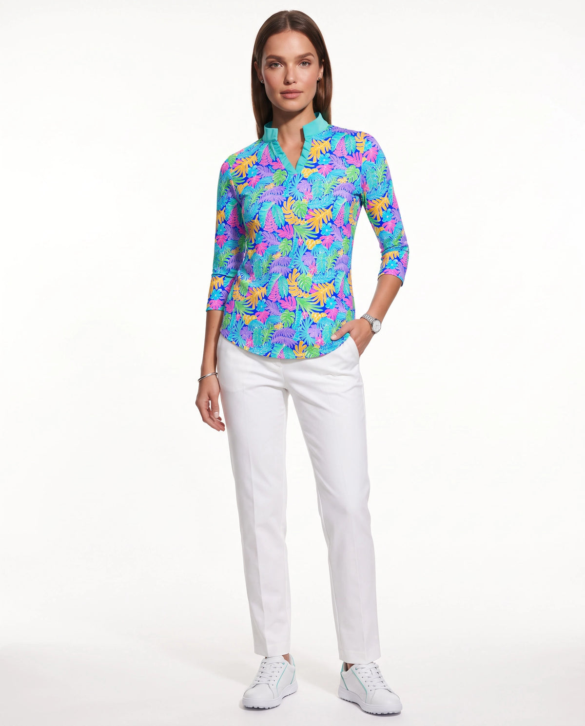 Deep Forest 3/4 Sleeve Ruffle Placket Mock Top T99Z44