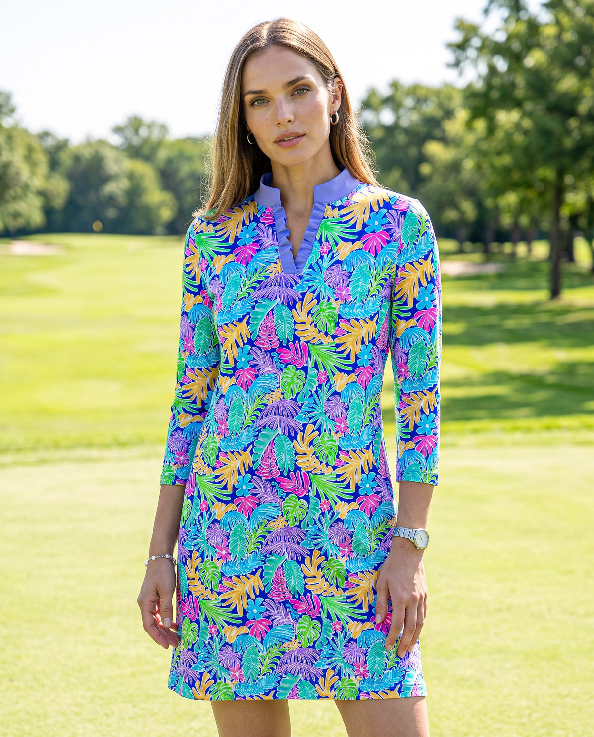 Deep Forest 3/4 Sleeve Ruffle Placket Mock Neck Dress
