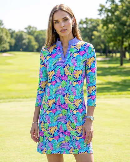 Deep Forest 3/4 Sleeve Ruffle Placket Mock Neck Dress