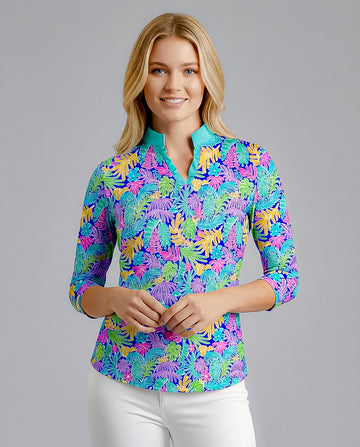 Deep Forest 3/4 Sleeve Ruffle Placket Mock Top T99Z44