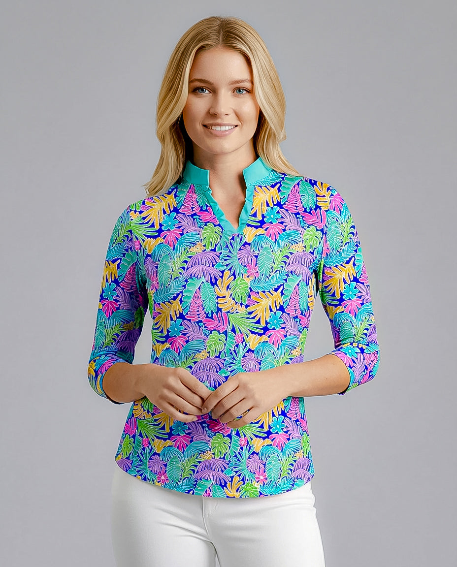 Deep Forest 3/4 Sleeve Ruffle Placket Mock Top T99Z44