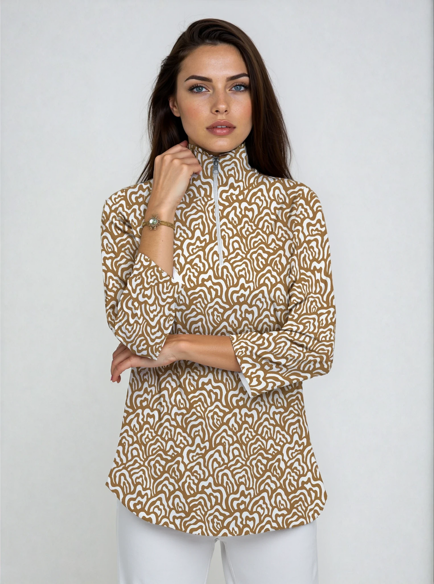 Cotton Spandex 3/4 Sleeve Zip Half-High Neck Top 47fc54