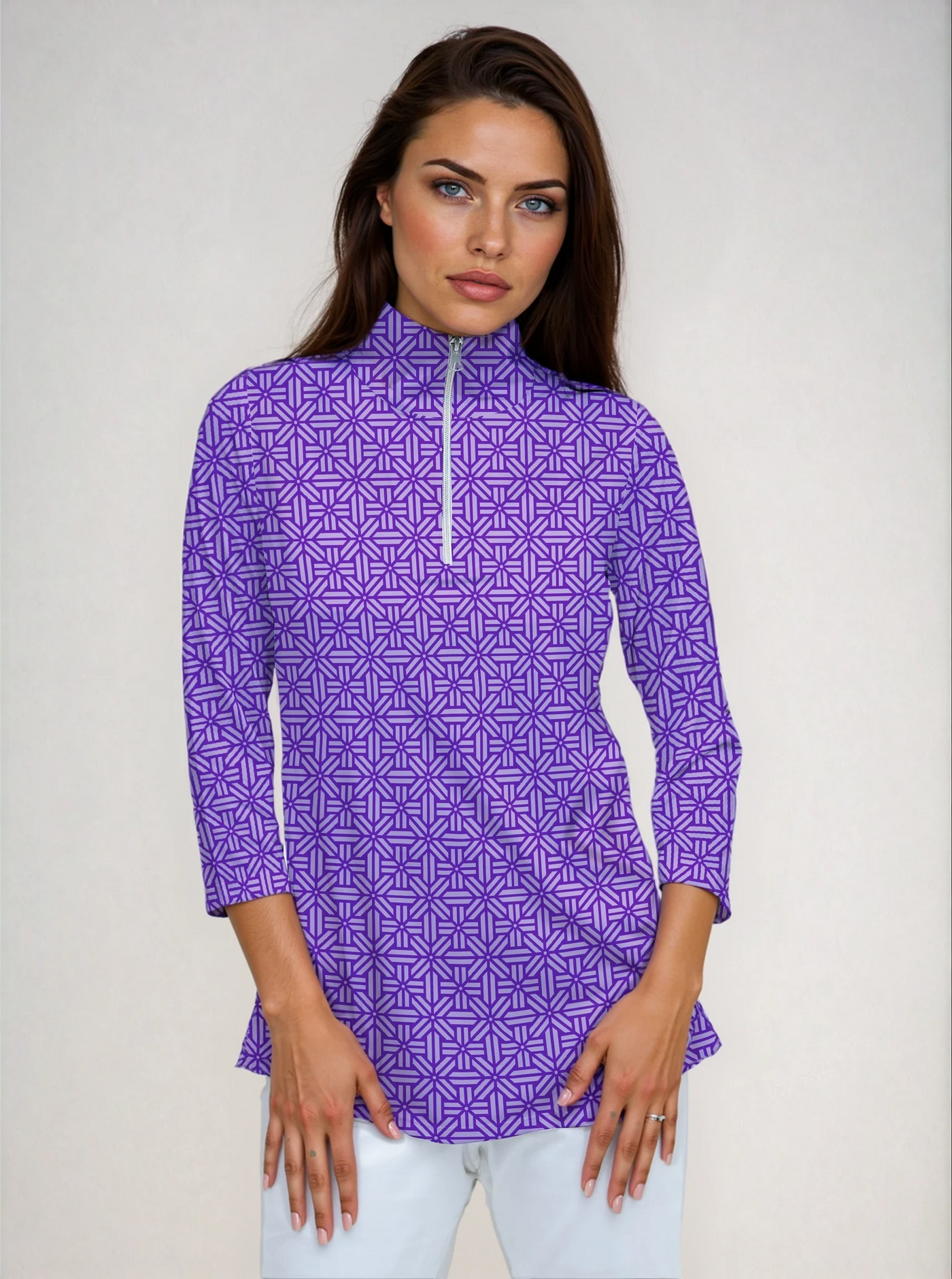 Stampedo Cotton Spandex 3/4 Sleeve Zip Half-High Neck Top 47fc50