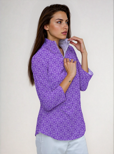 Stampedo Cotton Spandex 3/4 Sleeve Zip Half-High Neck Top 47fc50