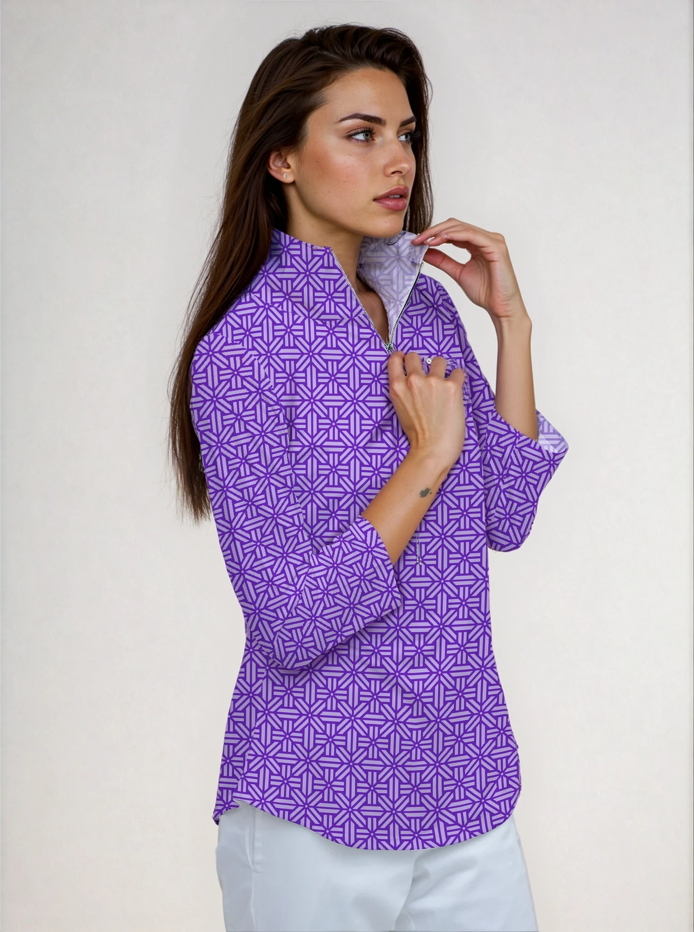 Cotton Spandex 3/4 Sleeve Zip Half-High Neck Top 47fc50