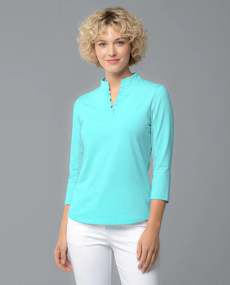 Solid 3/4 Sleeve Ruffle Placket Mock Top 9900