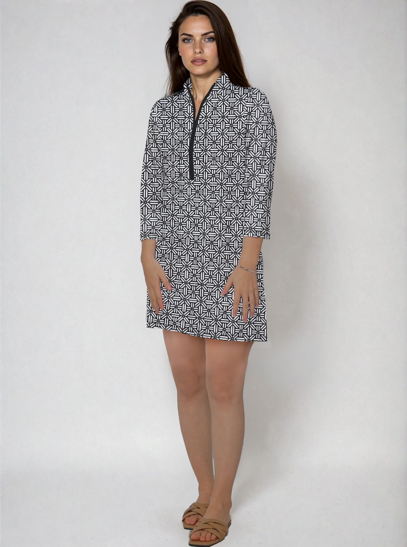 Stampedo 3/4 Slit Sleeves Piping Portrait NeckLine & Mock Zip Dress F50Z50