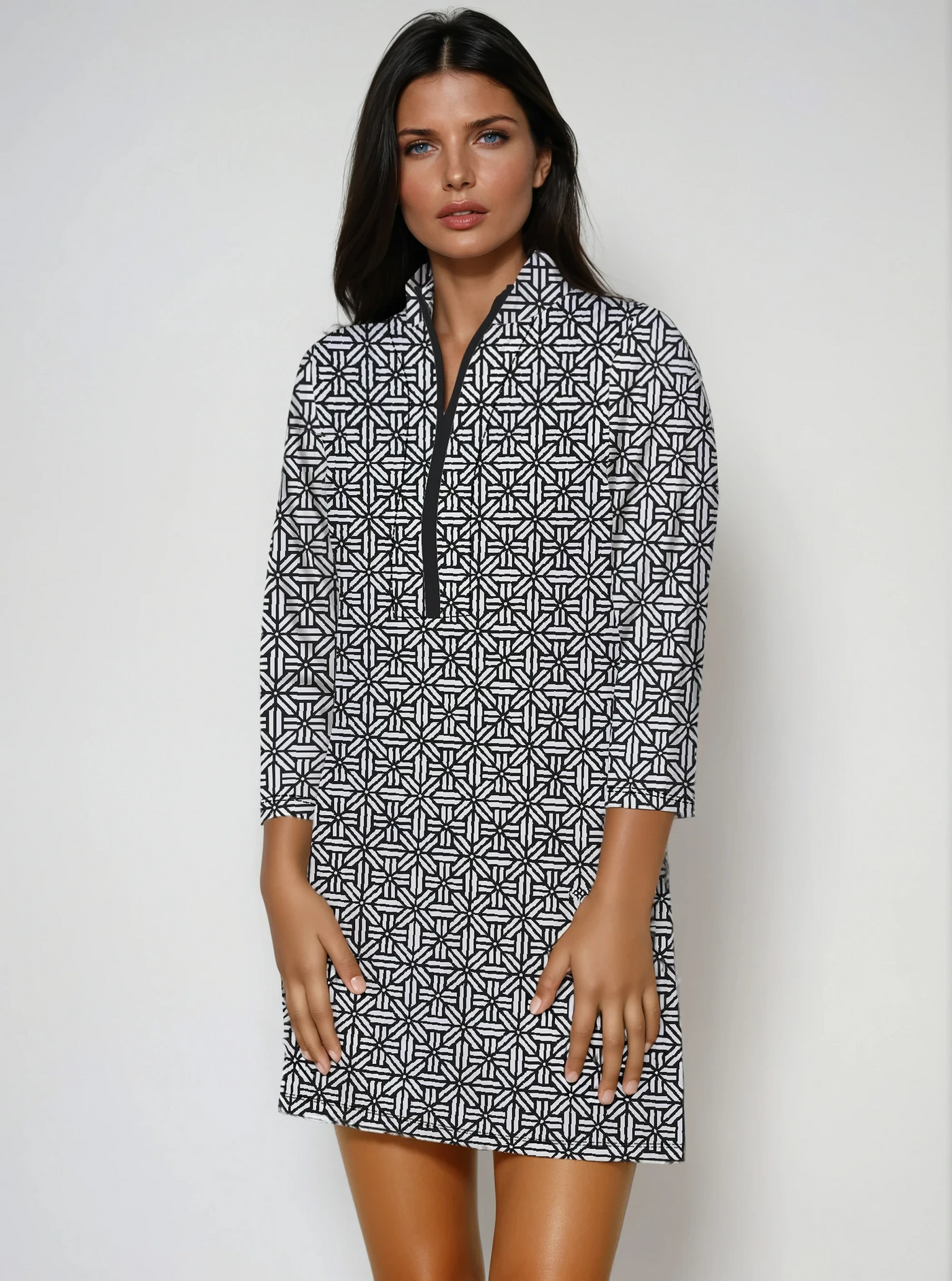 Stampedo 3/4 Slit Sleeves Piping Portrait NeckLine & Mock Zip Dress F50Z50