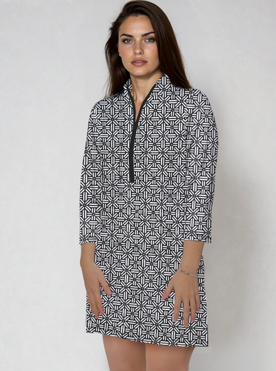 Stampedo 3/4 Slit Sleeves Piping Portrait NeckLine & Mock Zip Dress F50Z50