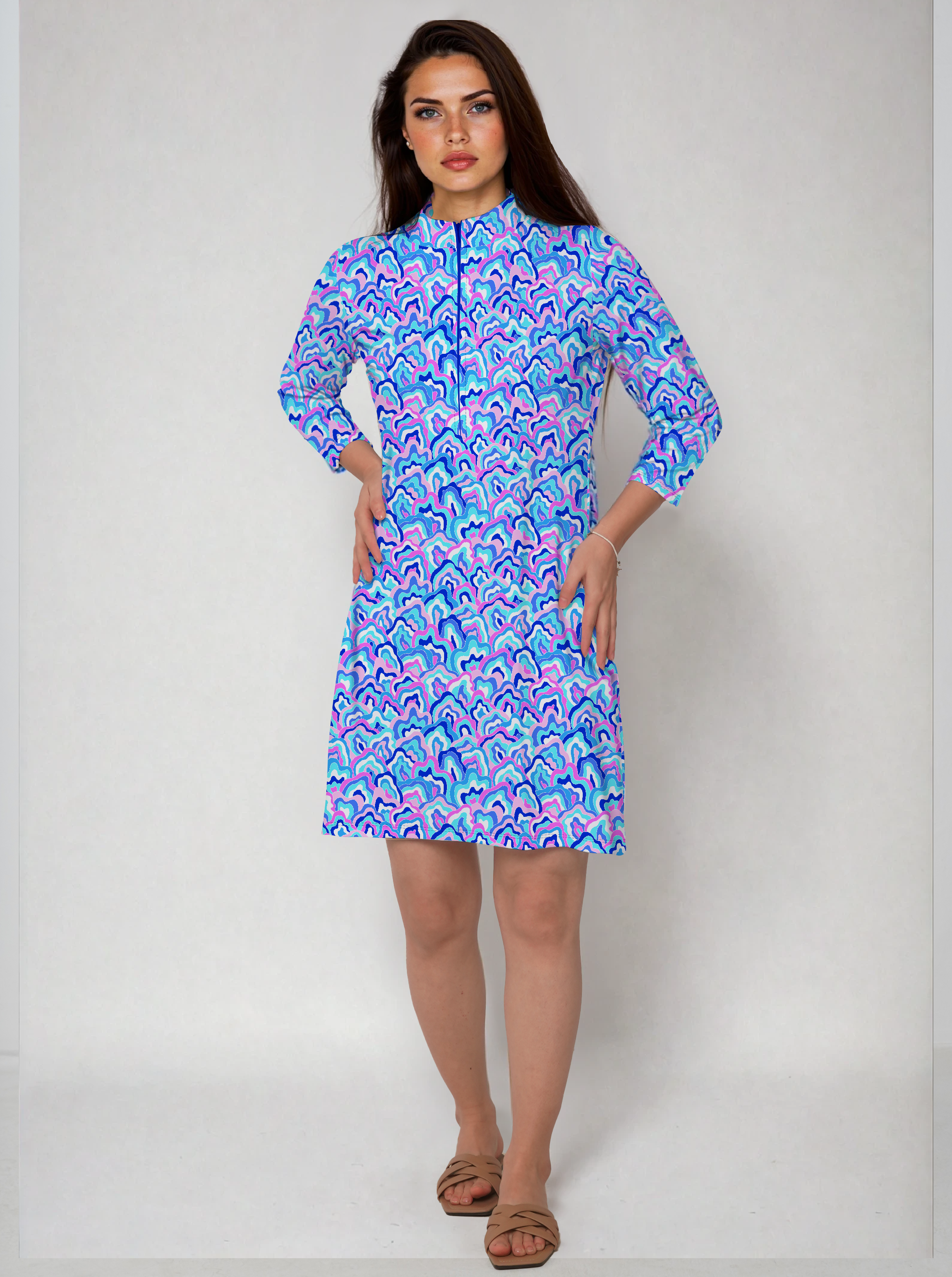 Out of Course 3/4 Slit Sleeve Portrait Neckline & Mock Zip Collar 50Z54