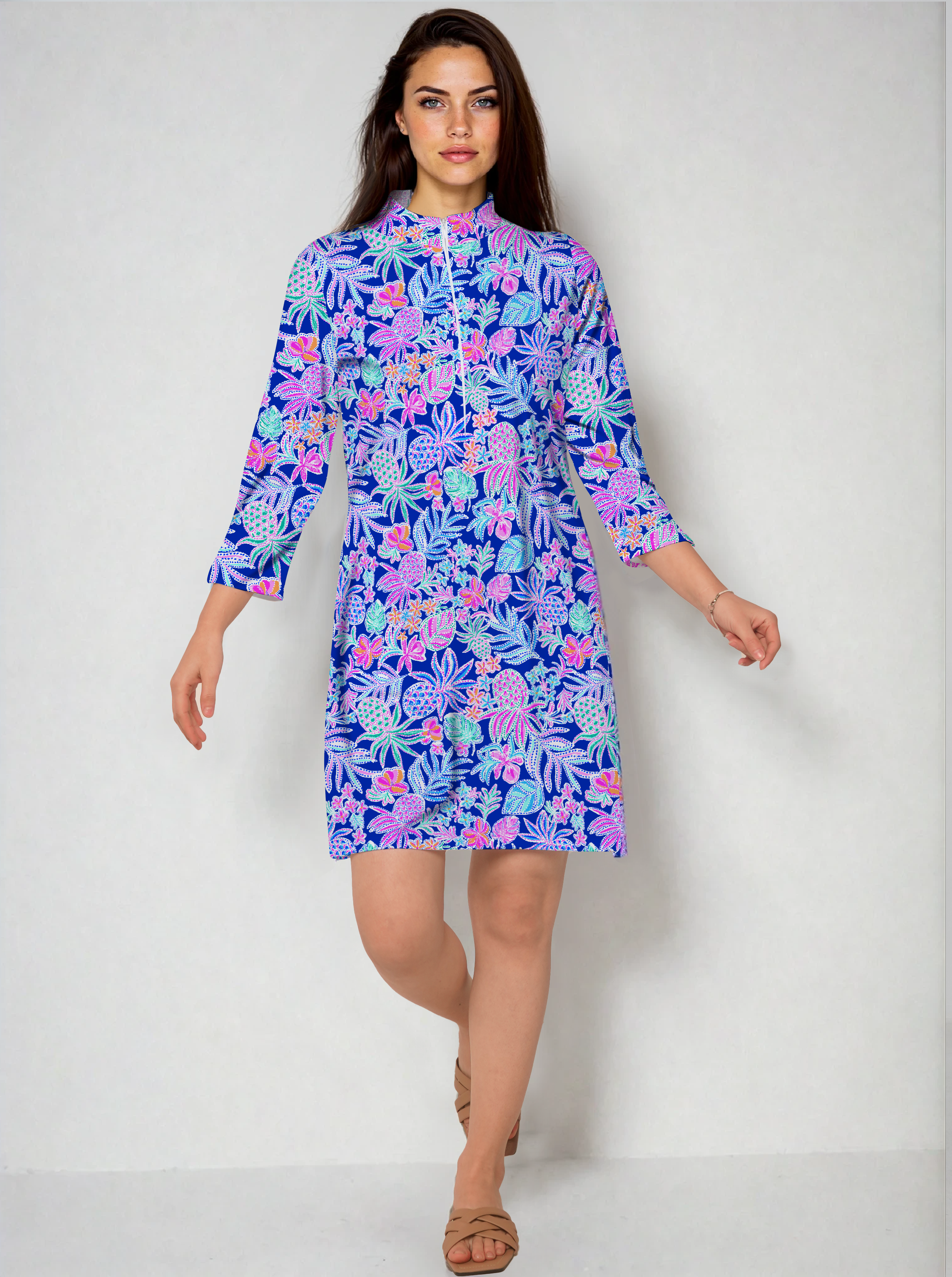 Tropical Basket 3/4 Slit Sleeves Portrait Neckline & Mock Zip Collar Dress 50Z60