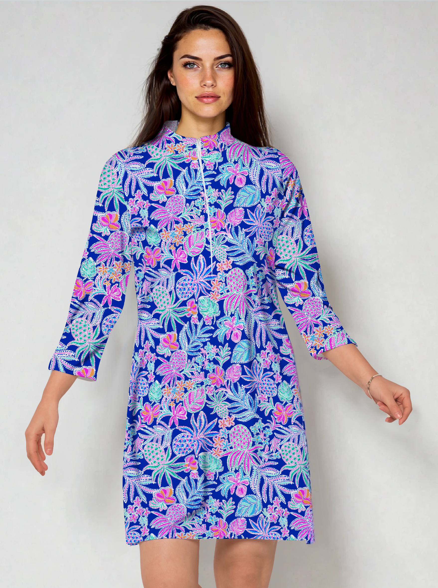 Tropical Basket 3/4 Slit Sleeves Portrait Neckline & Mock Zip Collar Dress 50Z60