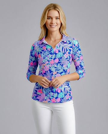 Tropical Basket 3/4 Sleeve Polo Top 48Z60