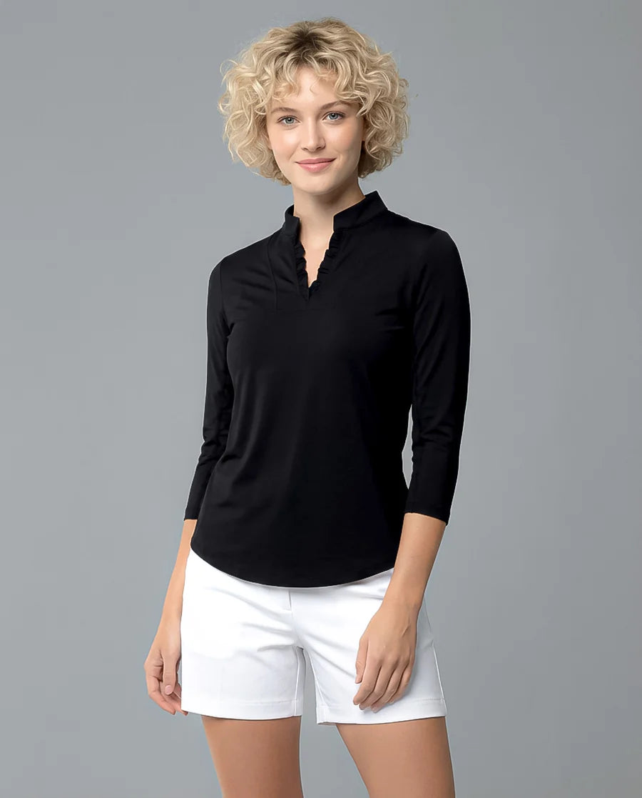Solid 3/4 Sleeve Ruffle Placket Mock Top 9900