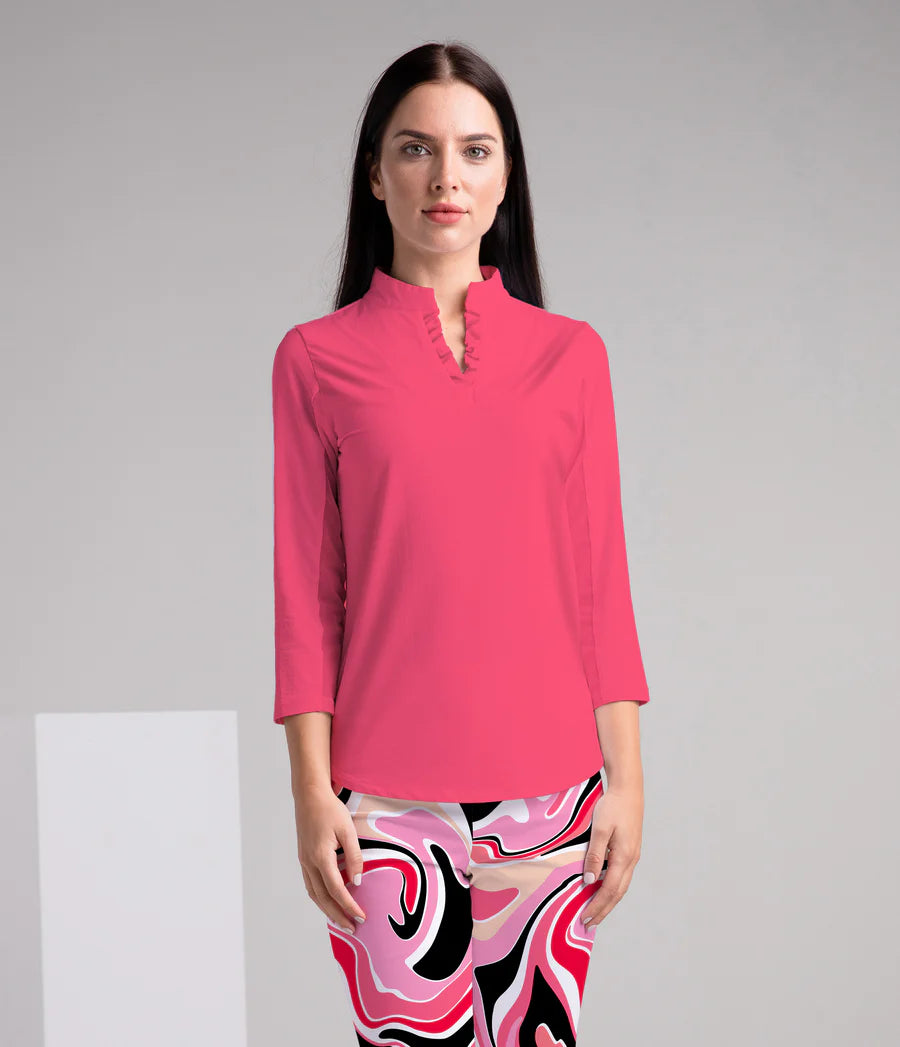 Solid 3/4 Sleeve Ruffle Placket Mock Top 9900